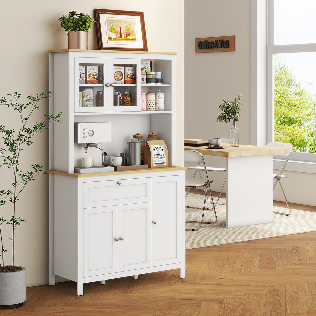 Kitchen Pantry with Drawers, Open Shelves and Adjustable Wooden Shelves, 100x40x180 cm, White