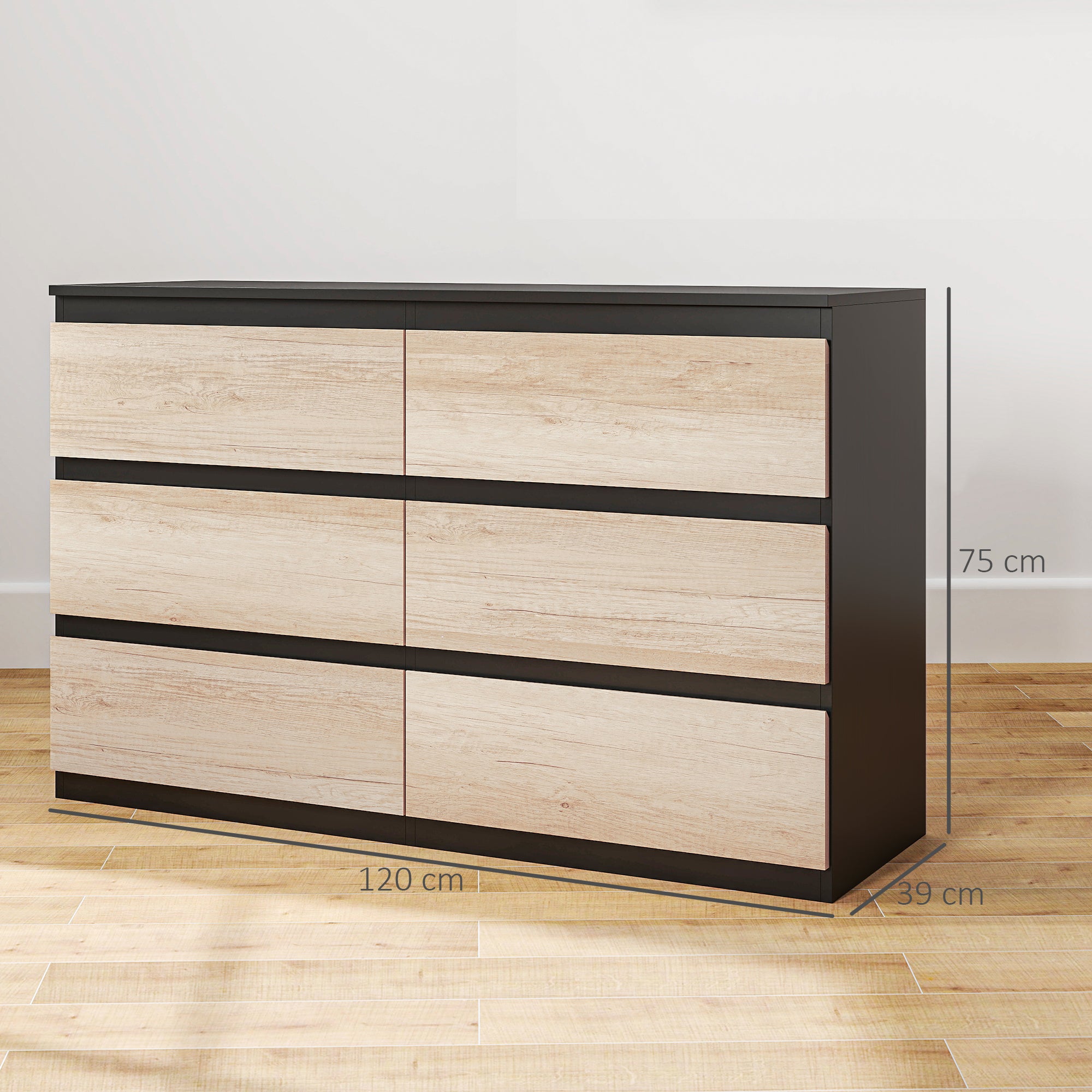 Chest of 6 Drawers for the Bedroom in Wood with Metal Guides, 120x39x75 cm, Black and Wood Color