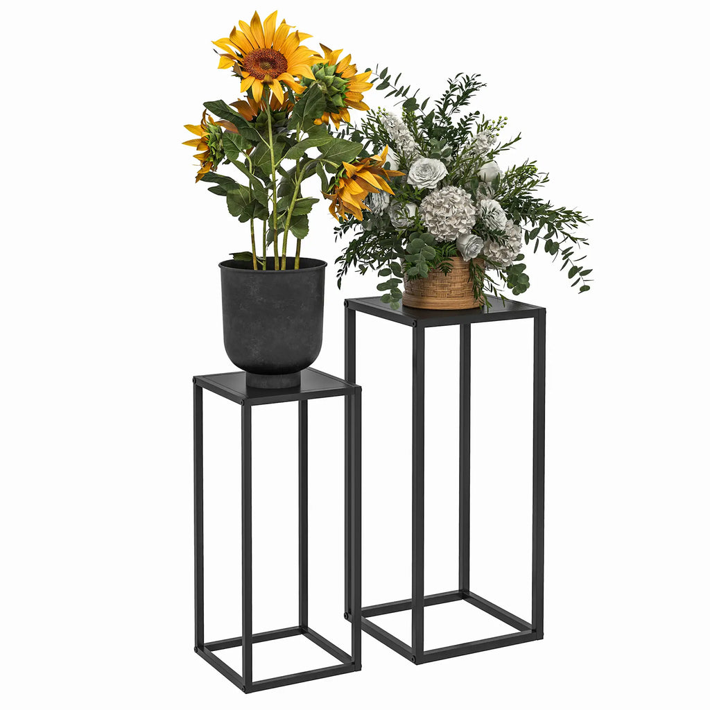 Plant Stand Table Set of 2 in Steel for Indoor and Outdoor Use, 25x25x58.5 cm and 31x31x65 cm, Black