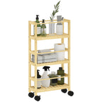 3-Tier Bathroom Shelf with Wheels, Bamboo Wood Trolley, 36x15x73 cm, Wood Color