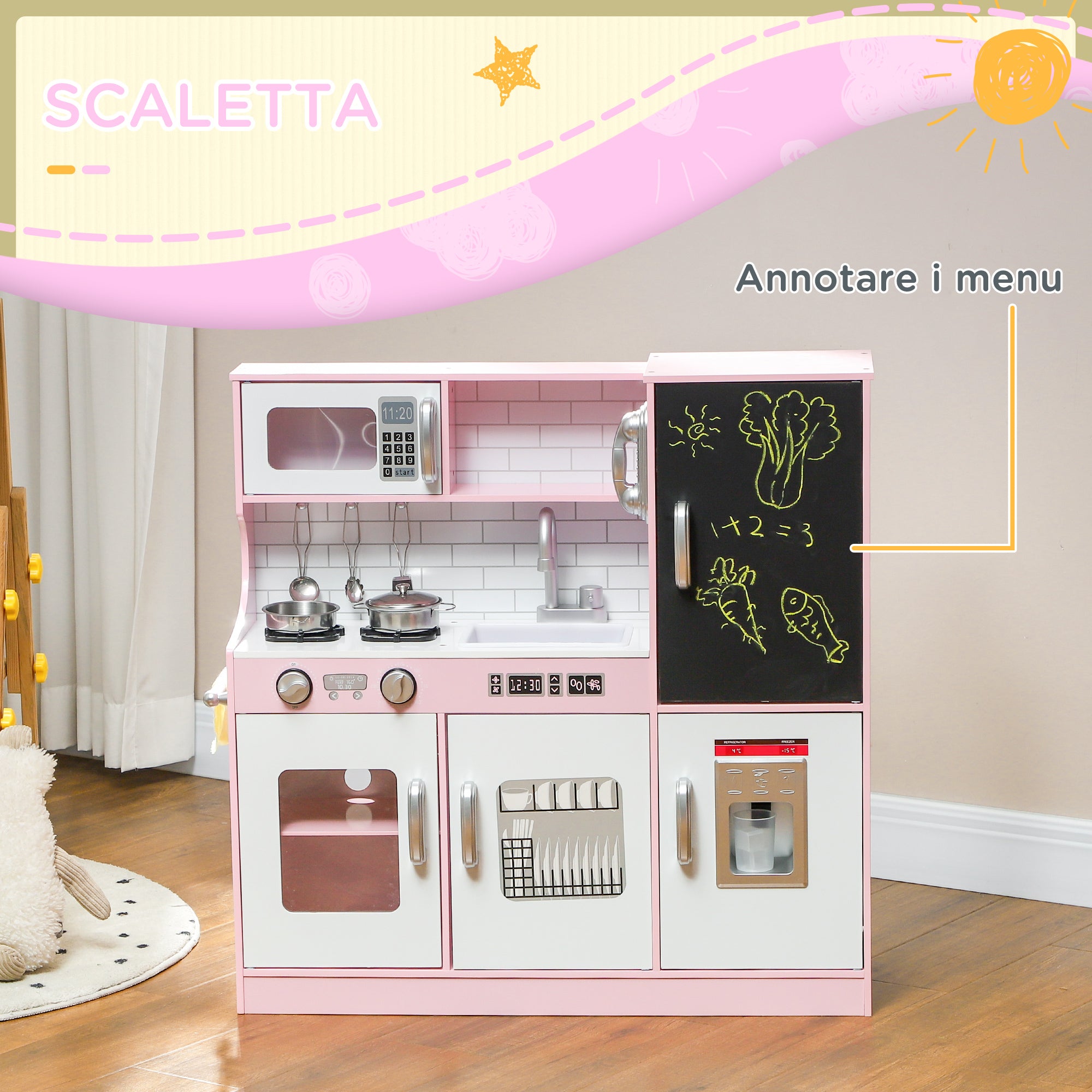 Wooden Toy Kitchen for Kids Ages 3-8 with Stove, Microwave, Sink, and Accessories, Pink
