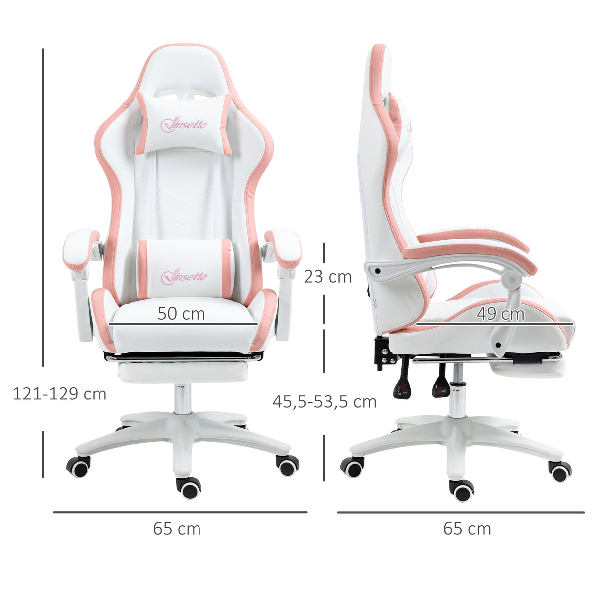 Vinsetto Gaming Chair with Adjustable Height and Reclining Backrest, 65x65x121-129 cm, White and Pink