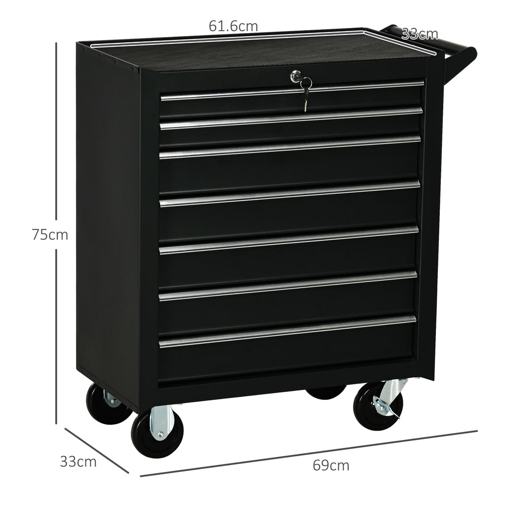 Workshop Trolley with 7 Drawers, Lock with Keys, Wheels and Handle, 69x33x75cm, Black