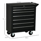 Workshop Trolley with 7 Drawers, Lock with Keys, Wheels and Handle, 69x33x75cm, Black