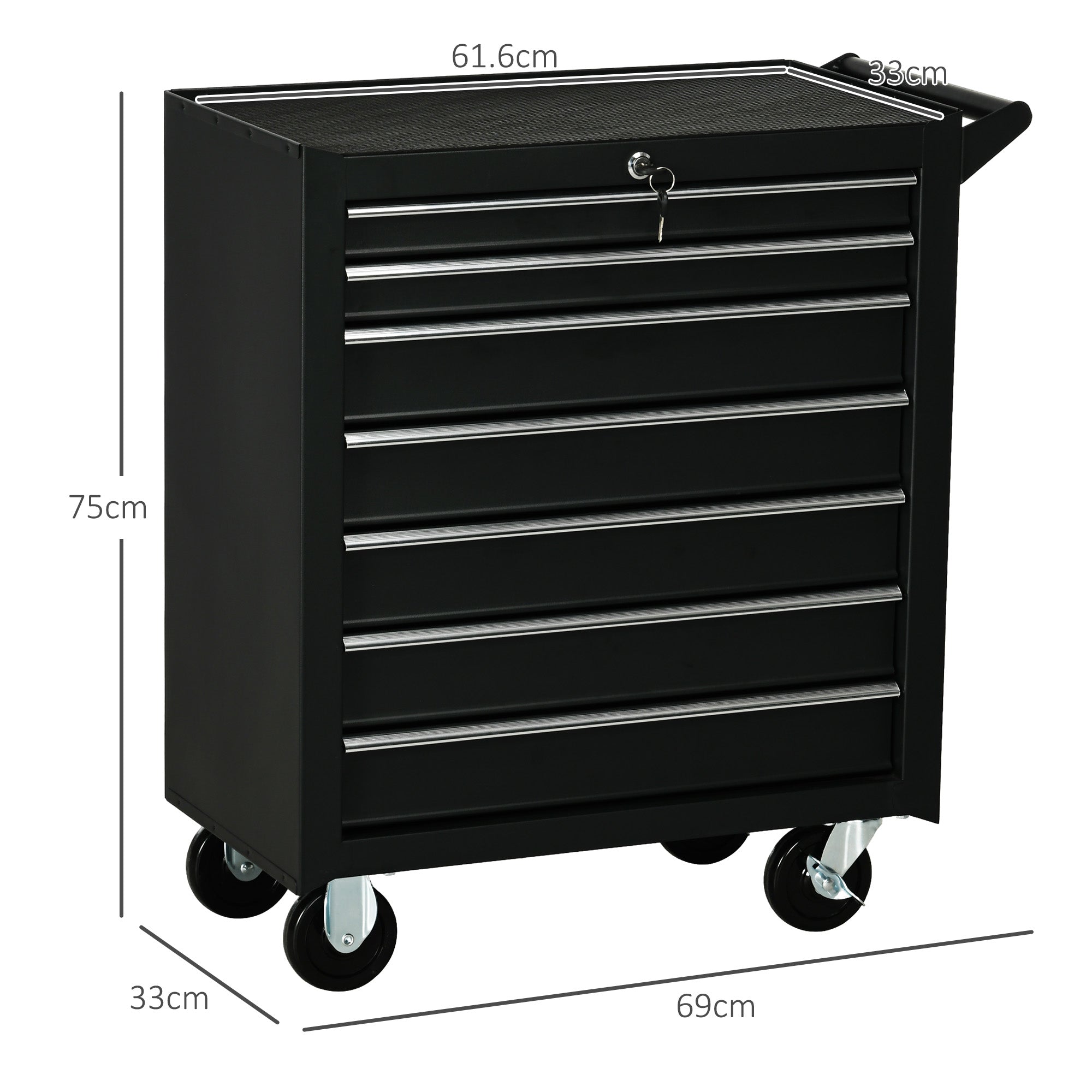 Workshop Trolley with 7 Drawers, Lock with Keys, Wheels and Handle, 69x33x75cm, Black