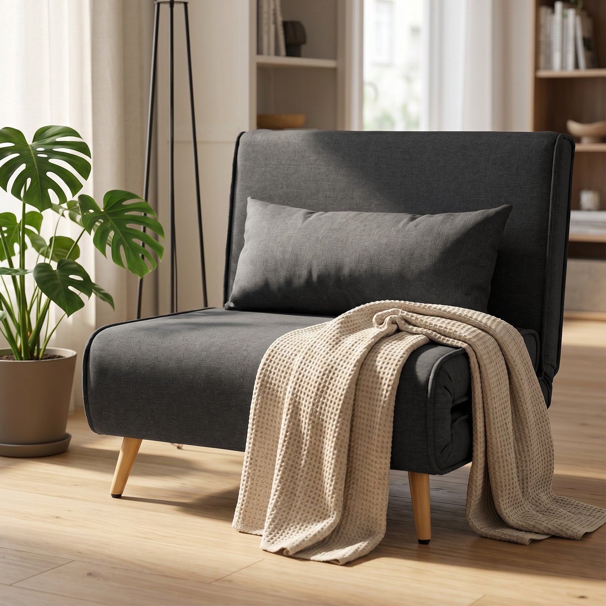 HOMCOM 3-in-1 Single Sofa Bed with 3-Level Adjustable Backrest and Cushion, in Linen-Effect Fabric, Grey