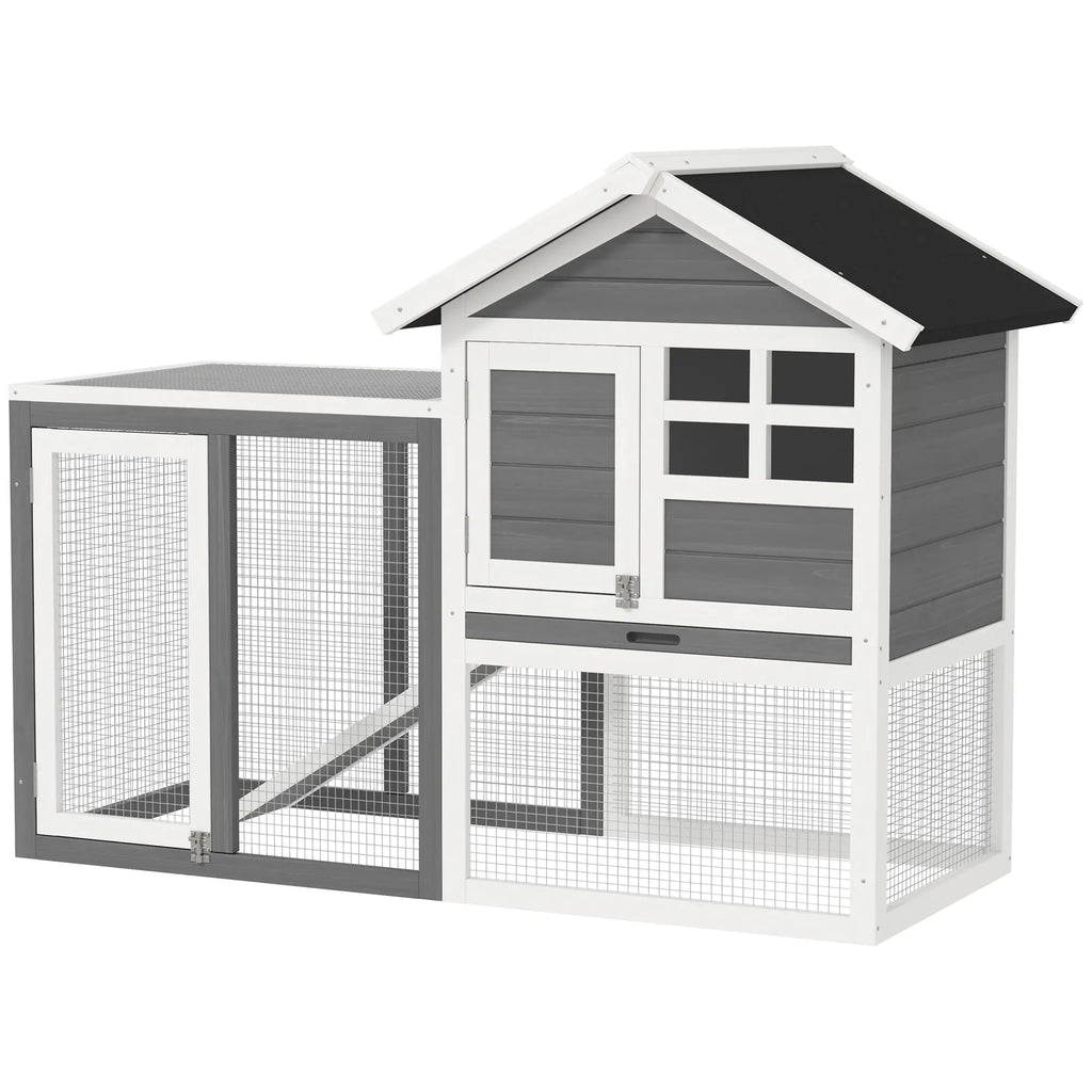 Rabbit Cage, Guinea Pigs and Rodents, Outdoor Rabbit Hutch in Fir Wood with House, Tray and Ramp, 122x62. 6x92 cm, Grey and White - Borge' Group Limited