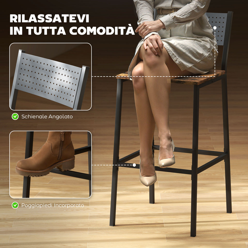 Set of 2 Industrial Style Bar Stools with Backrest and Integrated Footrest, Rustic Brown