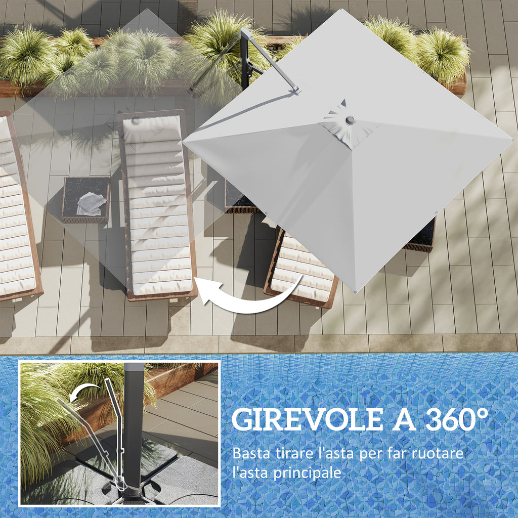 Cantilever Umbrella with Crank and Cross Base, in Polyester, Aluminum and Metal, 365x297x256 cm, Light Gray