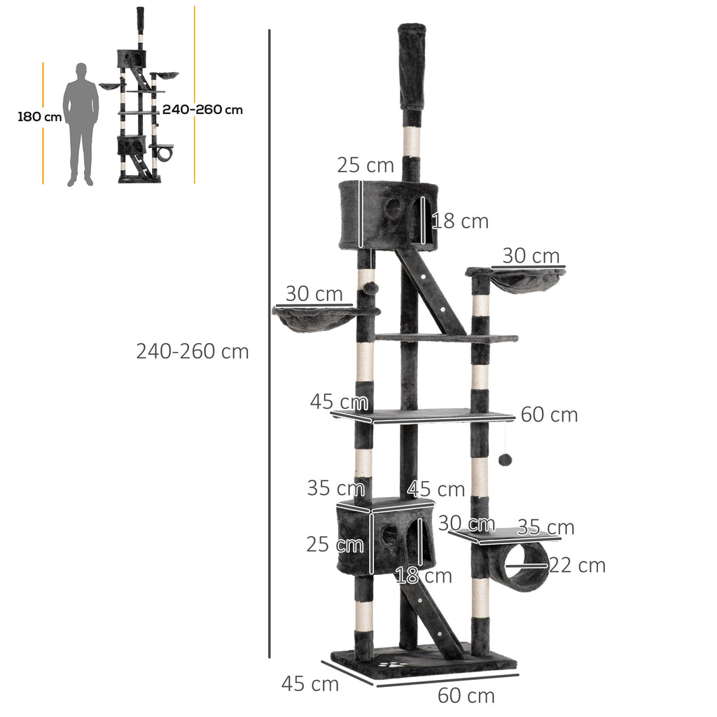 Multi-Level Ceiling Cat Scratching Post with Adjustable Height 240-260cm, with Kennels and Ladders, Grey