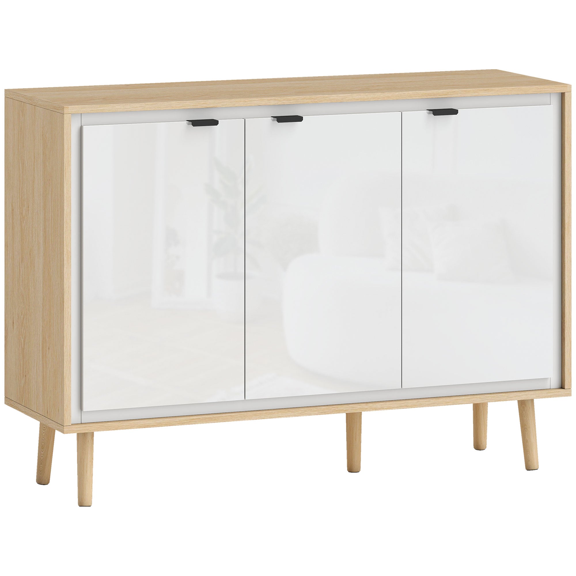 Modern 3-Door Sideboard with Adjustable Shelf, 107x35x77 cm, Gloss White and Oak