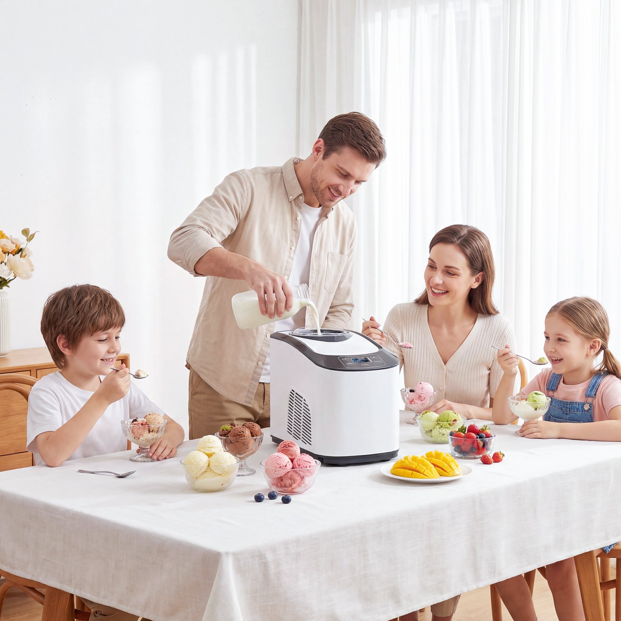 Ice Cream Maker with Built-in Compressor 1.5L, Soft and Hard Modes, Auto-Keep Cold Function, White