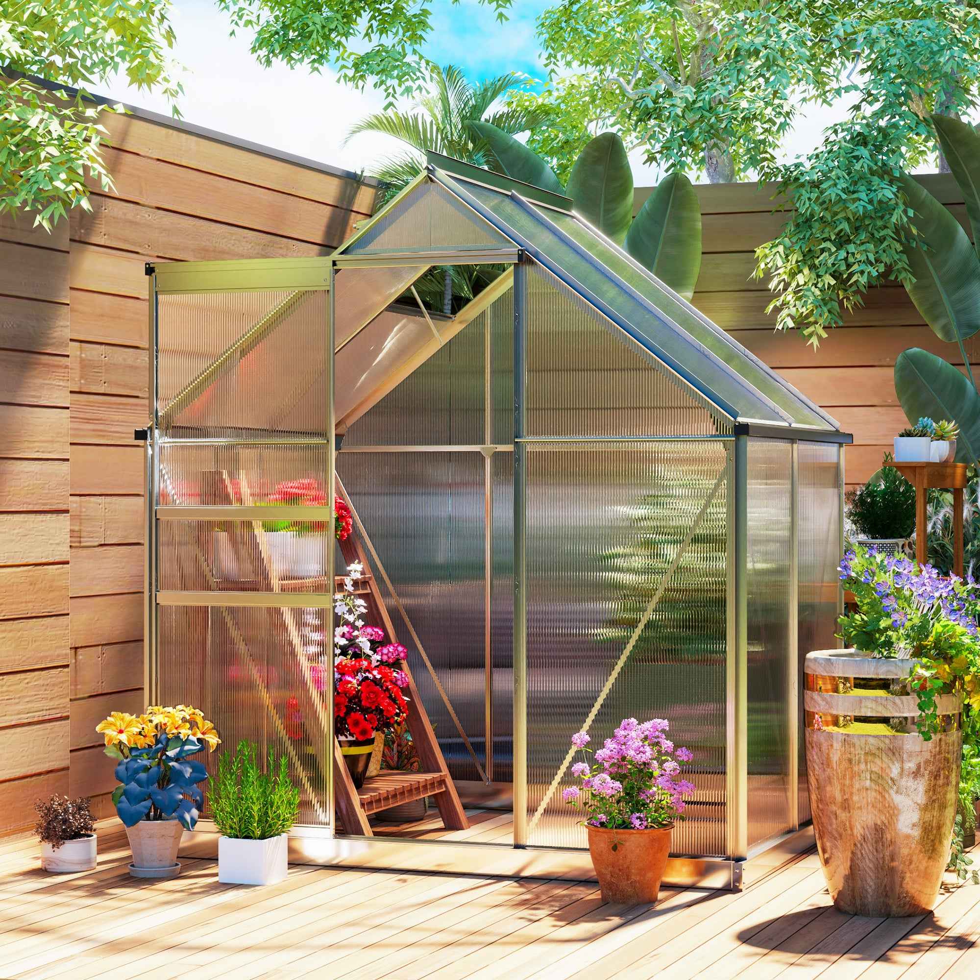 Outsunny Polycarbonate and Aluminum Greenhouse with Hinged Door and Roof Window, 192.5x131x200 cm, Silver