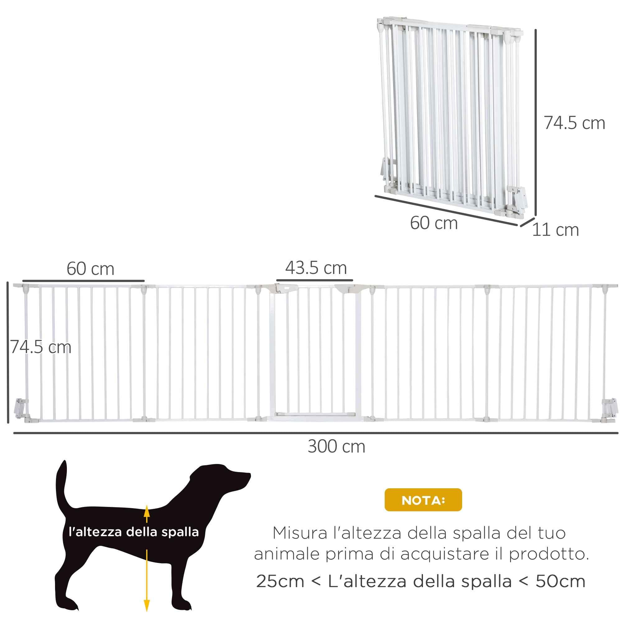 PawHut Adjustable and Foldable Dog Gate with Automatic Closure and Lock, 300 x 74.5 cm, White