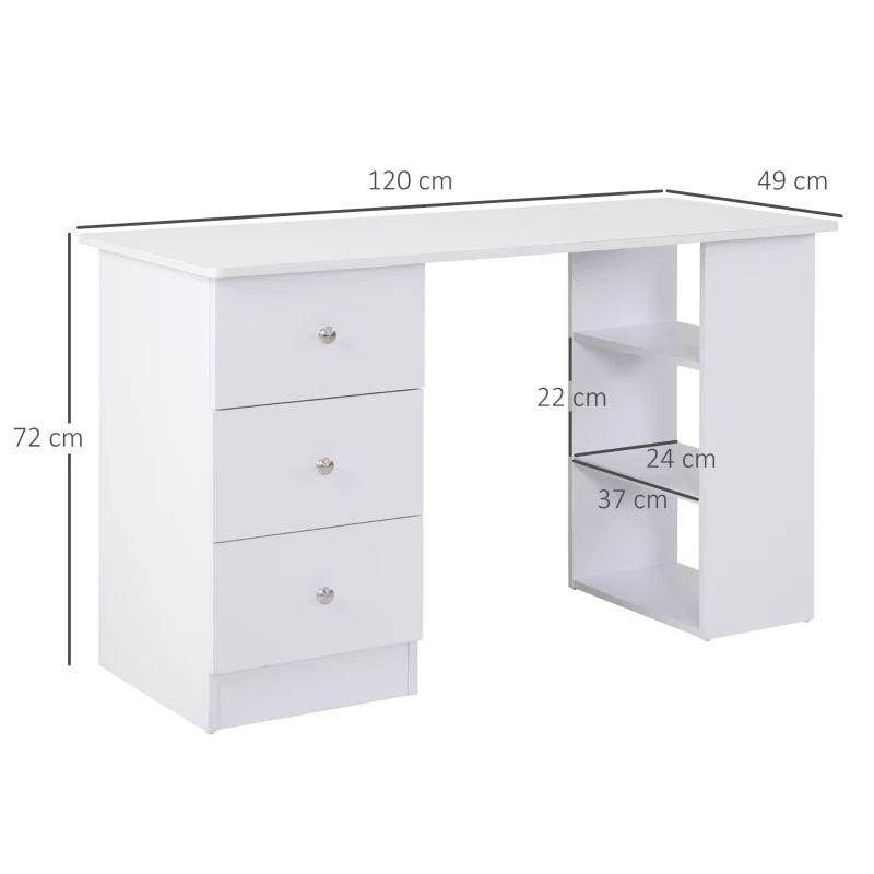 Computer Desk for Bedroom and Office with Drawer Unit and Wooden Storage Shelves 120x49x72cm White - Borgè
