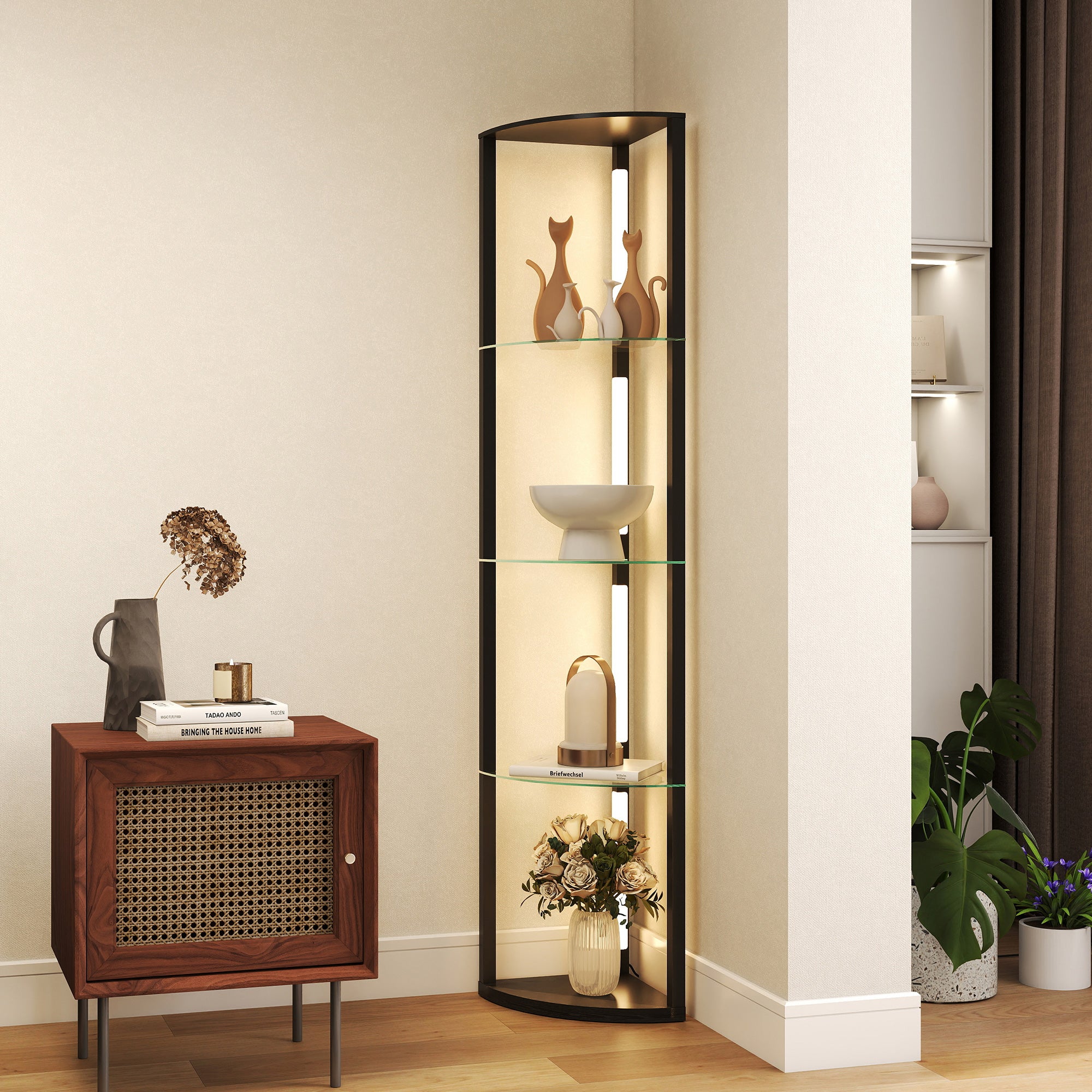 Floor Lamp with 5 Shelves and LED Light, 3 Brightness Levels and Foot Switch, Black