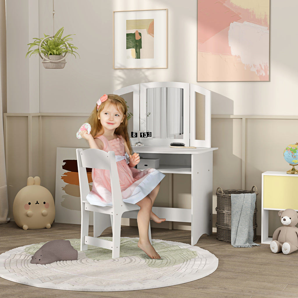 Kids Makeup Set with Removable Triple Mirror Dressing Table and White Wooden Chair