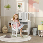 Kids Makeup Set with Removable Triple Mirror Dressing Table and White Wooden Chair
