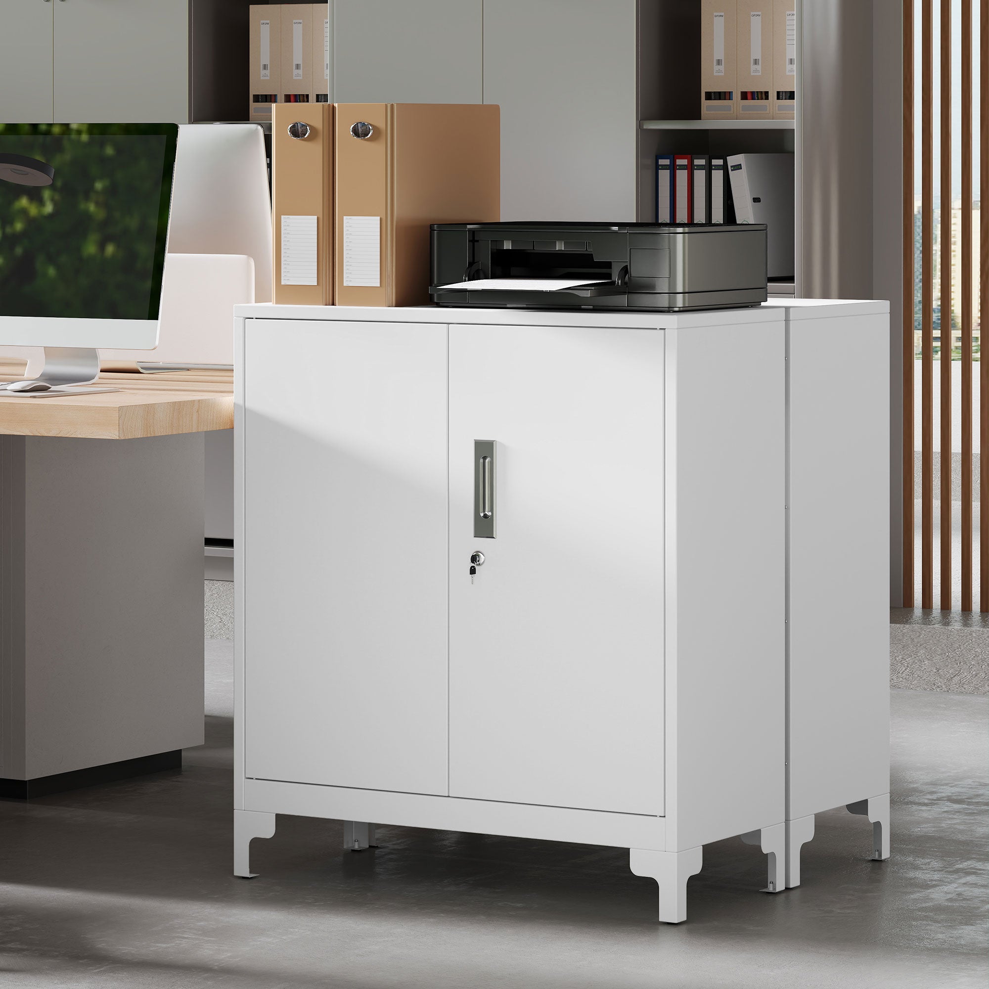 Office Cabinet with 3 Shelves, 2 Doors and Keys, 80x35x91 cm, White