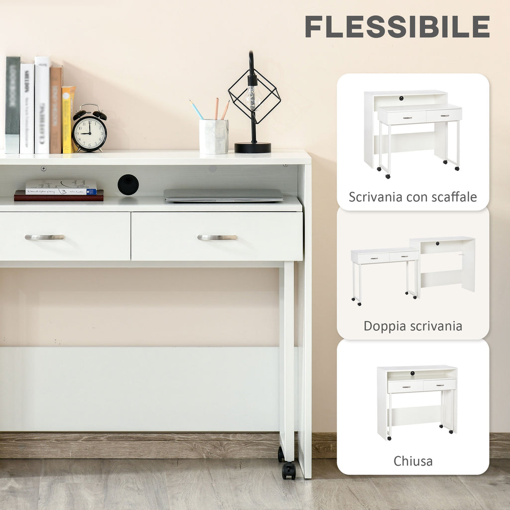 Space-Saving Desk Table for Bedroom and Office, Writing Desk with Drawers and Wheels, Double or Single Workstation, 100x36x88cm, White