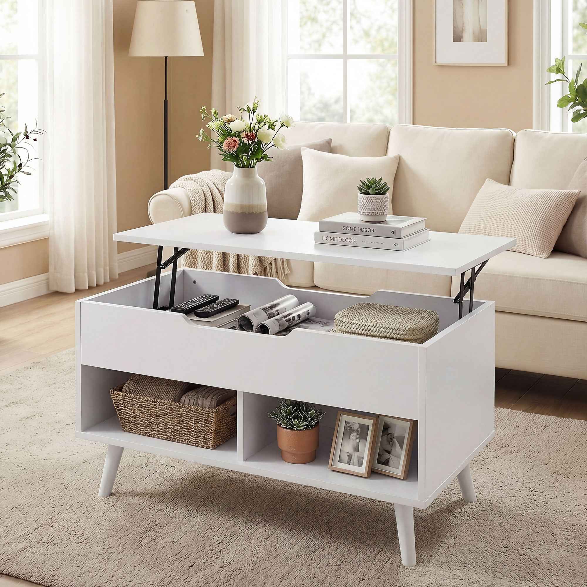 HOMCOM 75cm White Punched Coffee Table with Lift-Up Top and Hidden Storage