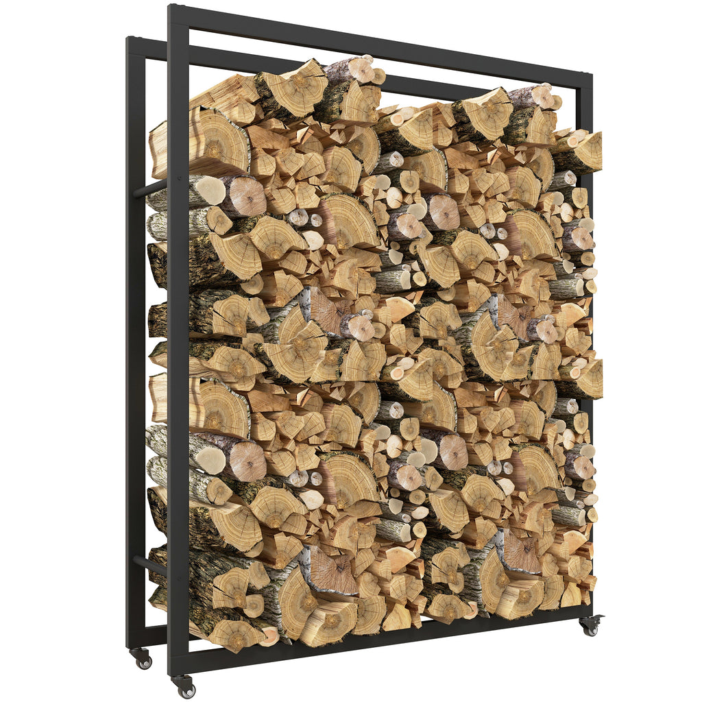 Outdoor and Indoor Firewood Rack with Wheels, Steel Firewood Shed with 0.43m³ Capacity, 120x32x151cm, Black