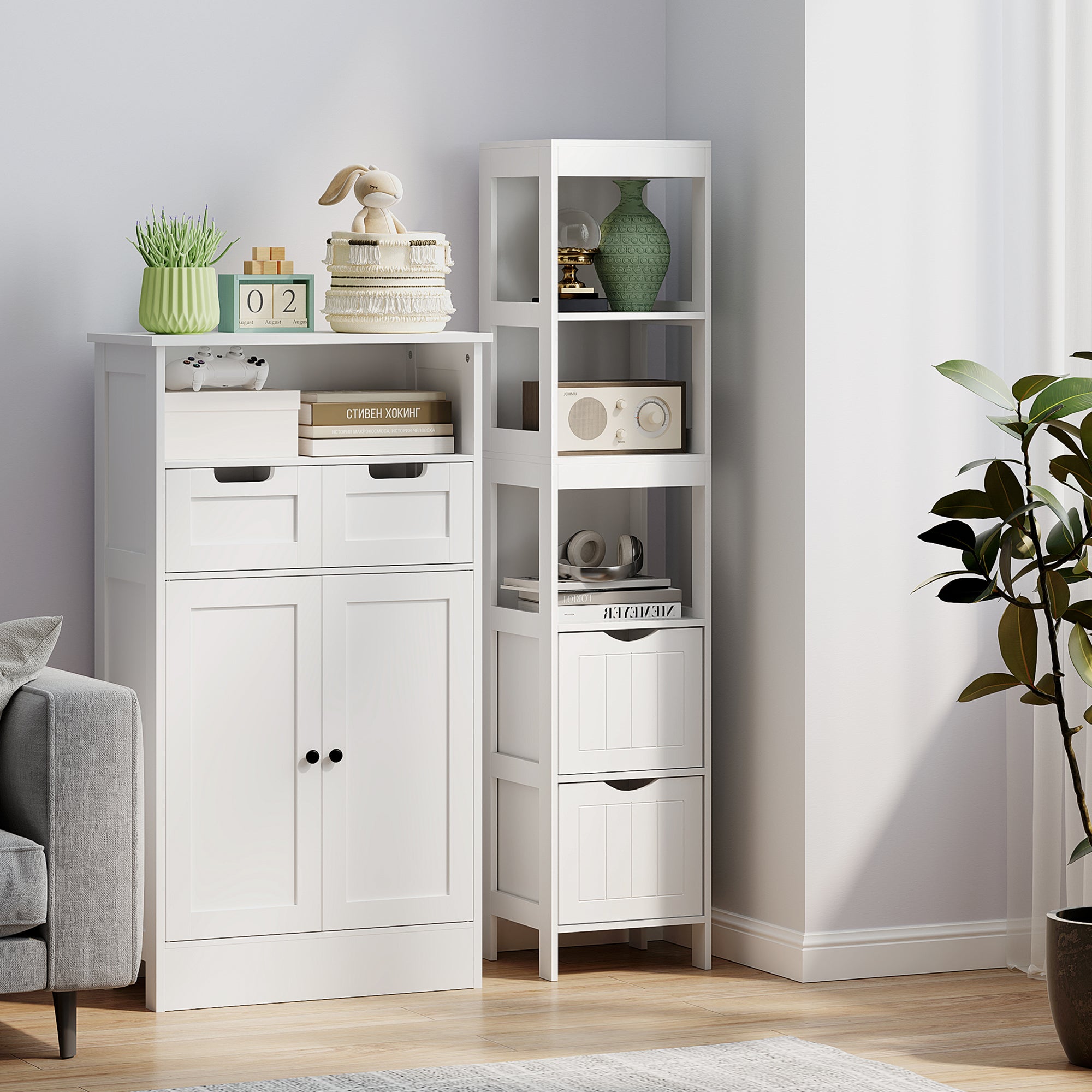Bathroom Cabinet with 3 Open Shelves and 2 Wooden Drawers, 30x30x141.2 cm, White