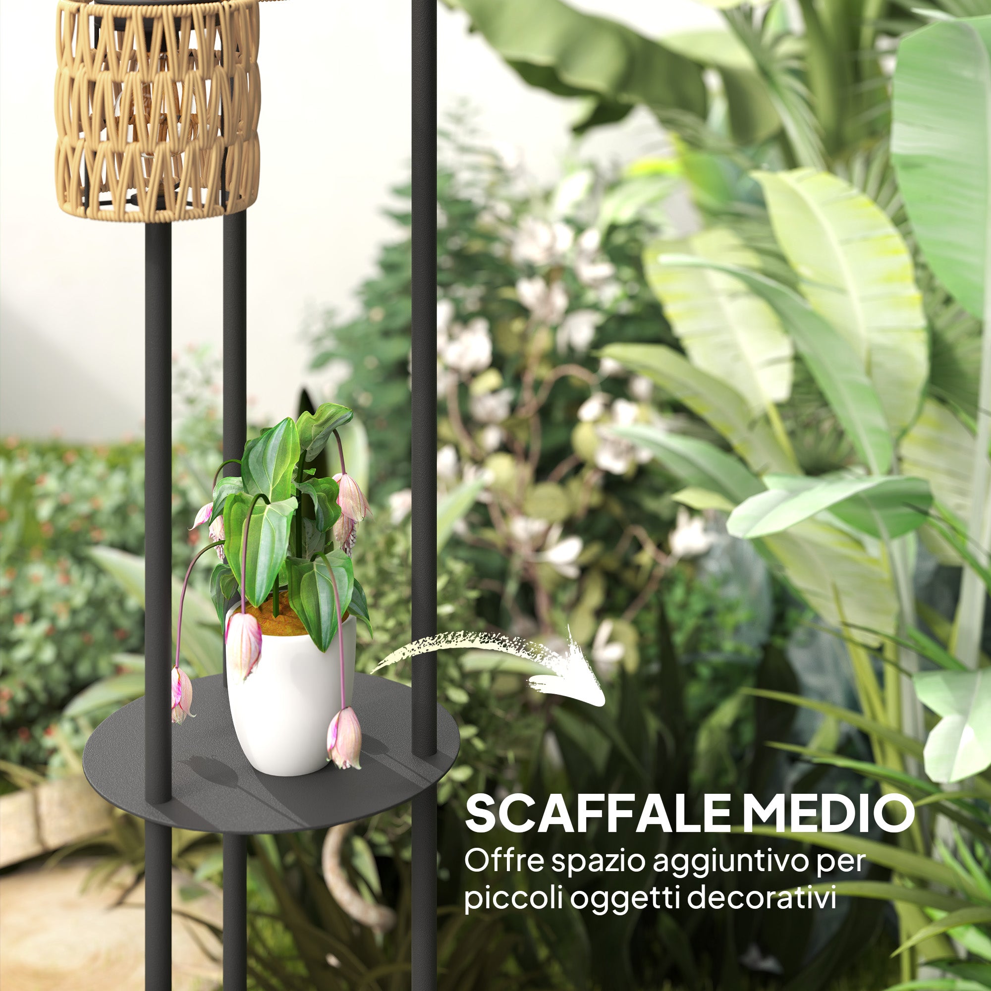 Solar Outdoor Lamp in Boho Style with Central Shelf, in PE Rattan and Steel, Ø37x144 cm, Black and Yellow