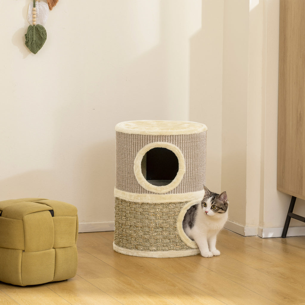 PawHut Cat Scratching Tower with 2 Nests, Sisal Rope and Seaweed, Plush Edge, Khaki