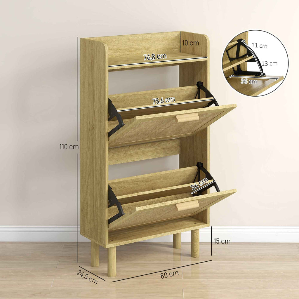 HOMCOM Narrow Entryway Shoe Rack with 2 Folding Drawers, Adjustable Shelves and Top, Oak