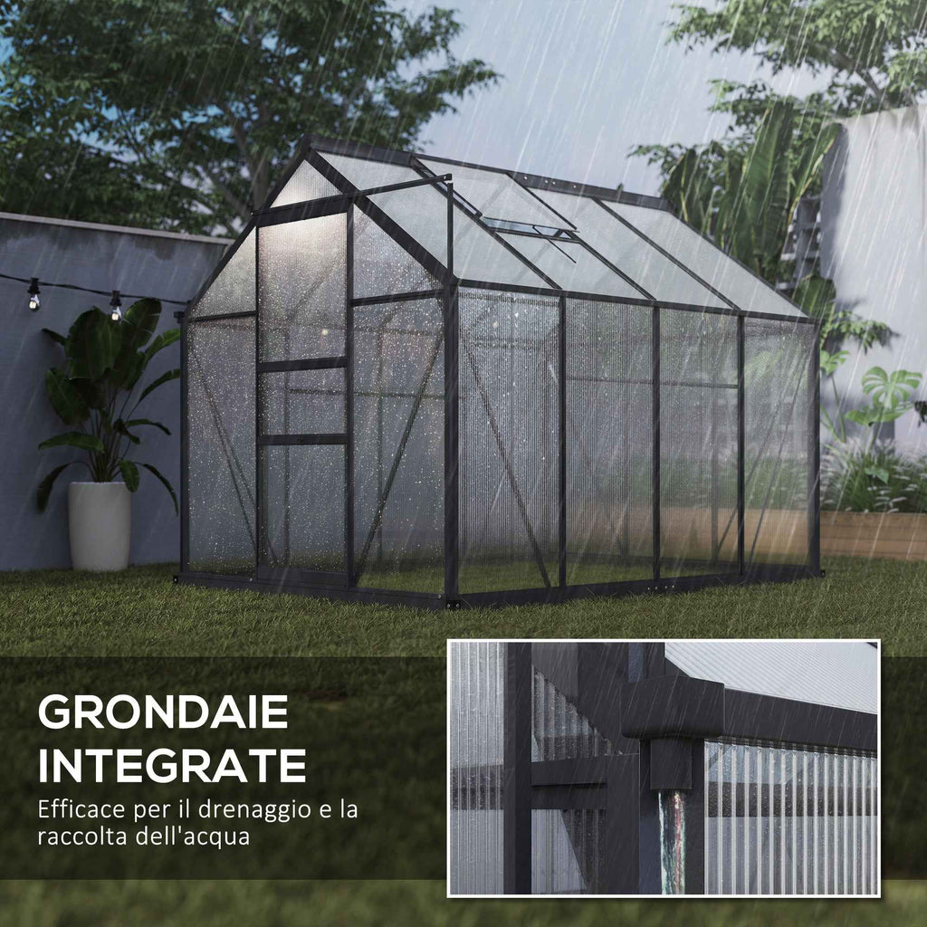 Outsunny Polycarbonate and Aluminum Greenhouse with Sliding Door, Air Vent and Gutter, 190x252x201 cm, Gray