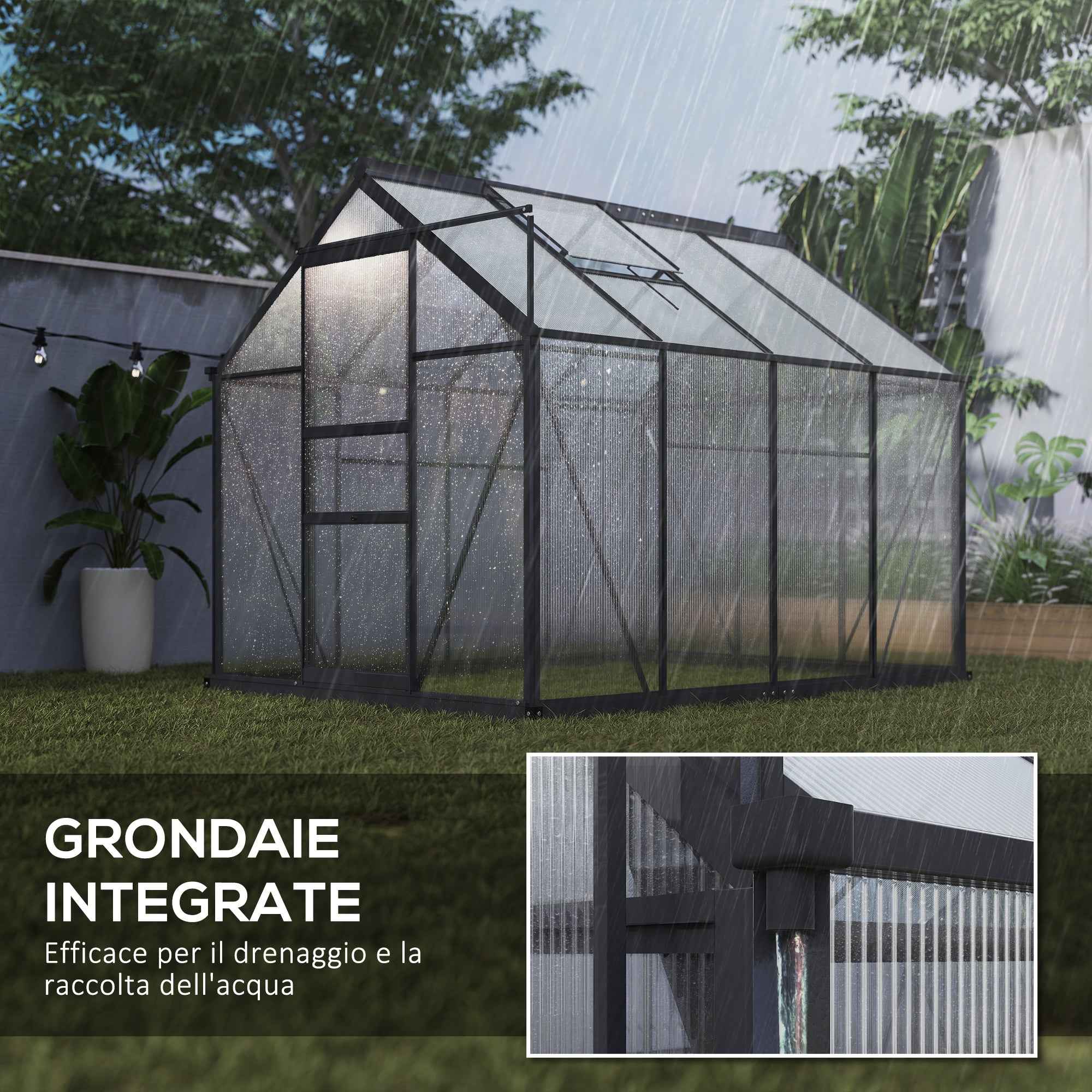 Outsunny Polycarbonate and Aluminum Greenhouse with Sliding Door, Air Vent and Gutter, 190x252x201 cm, Gray