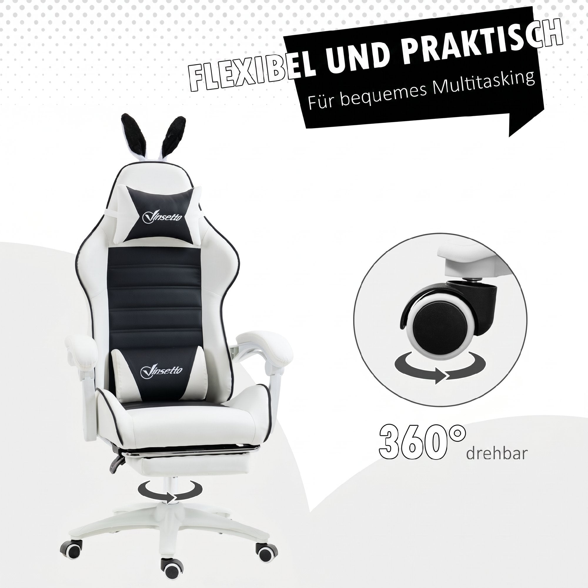 Vinsetto Gaming Chair with Rabbit Ears, Footrest, Cushions, Reclining and Adjustable Height, Black