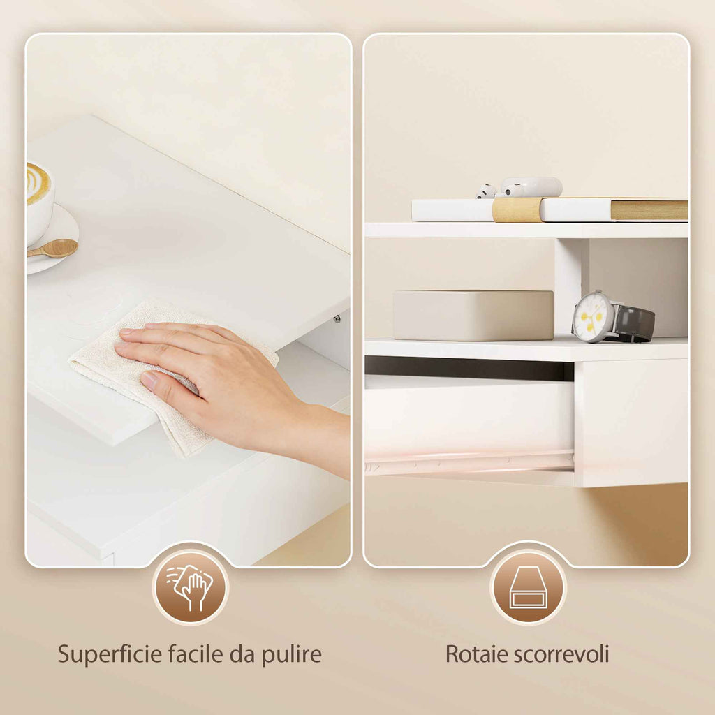HOMCOM Set of 2 Floating Bedside Tables with Drawer and Open Shelf, 35x32x22.5 cm, White
