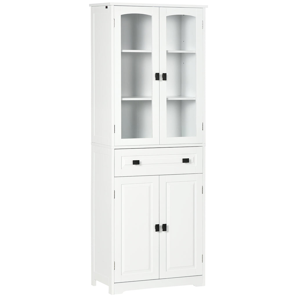 High Kitchen Sideboard with 2 Cabinets and Drawer, Glass Doors and Adjustable Shelves, 60x30x160cm, White