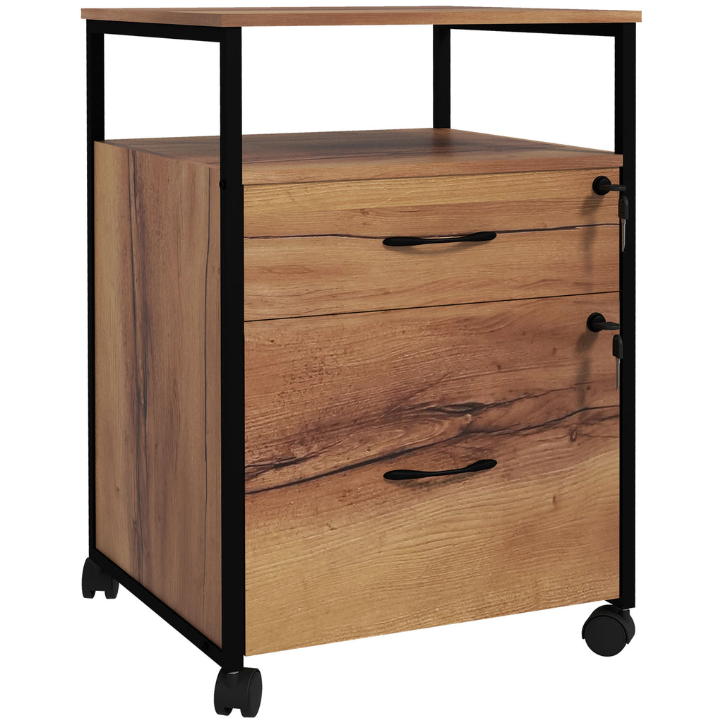 Vinsetto Office Drawer Cabinet with 2 Lockable Drawers, Mobile with Wheels and Bar for A4 and Letter Folders, 44 x 40 x 66.5 cm, Rustic Brown