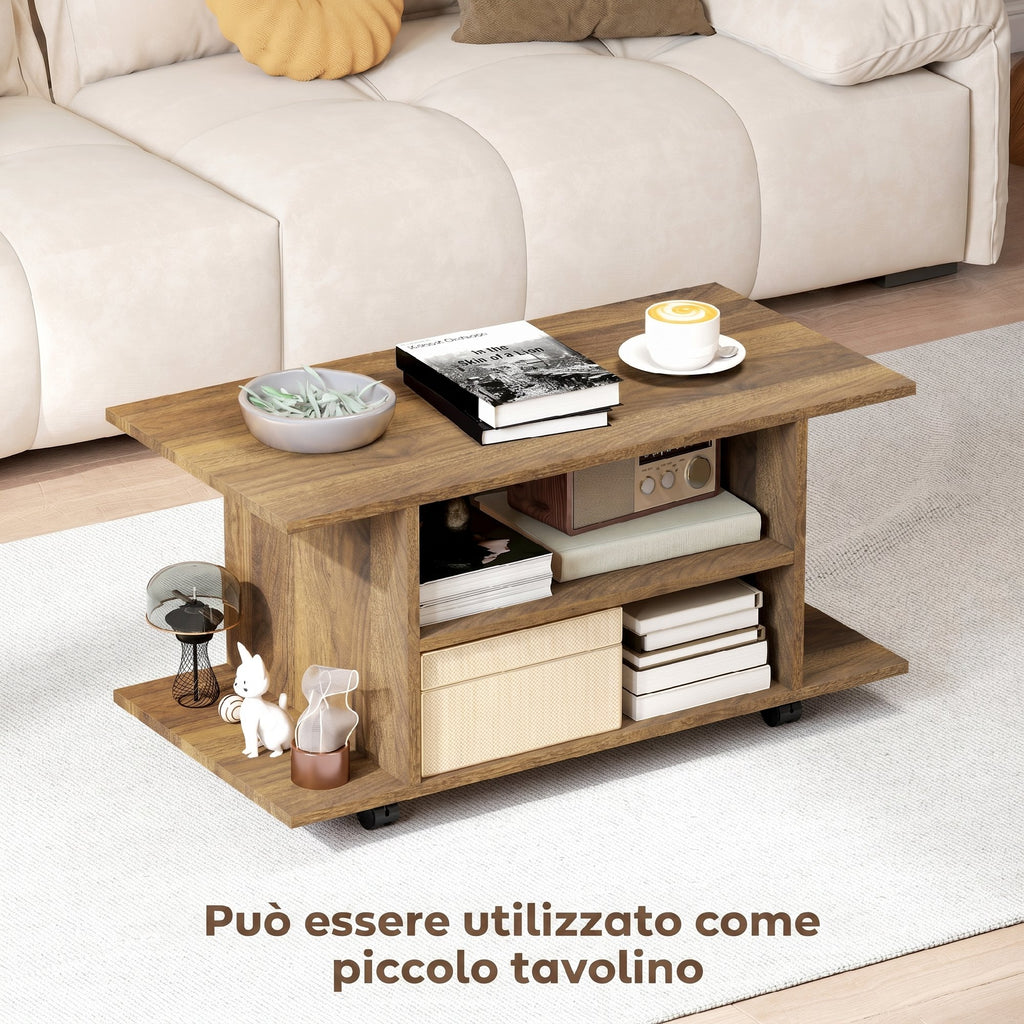 HOMCOM Modern TV Stand with Shelves, Swivel Wheels and Brakes, 80x40x40 cm, Walnut Color