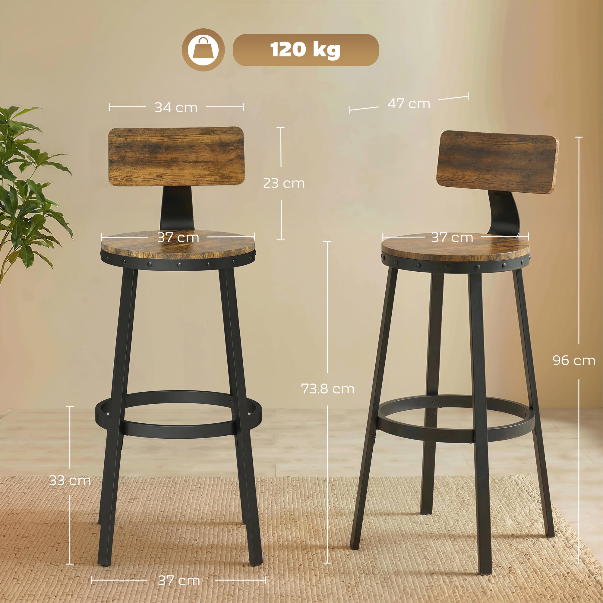 Set of 2 Rustic Bar Stools with Footrest, Wood and Metal, 37x47x96 cm, Brown