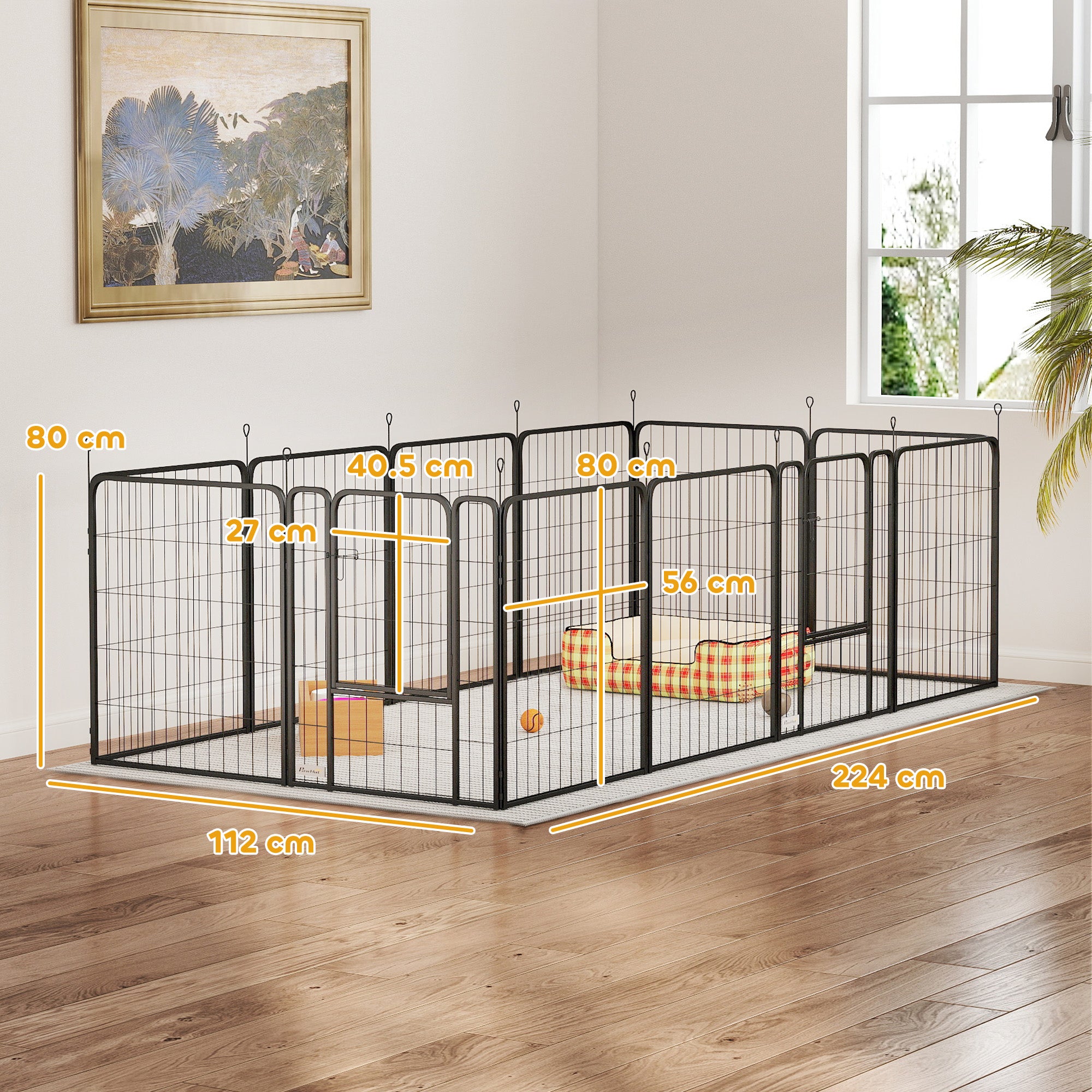Dog Fence with 12 Modular Panels of 68x1.5x80cm in Black Steel with Entrance Door
