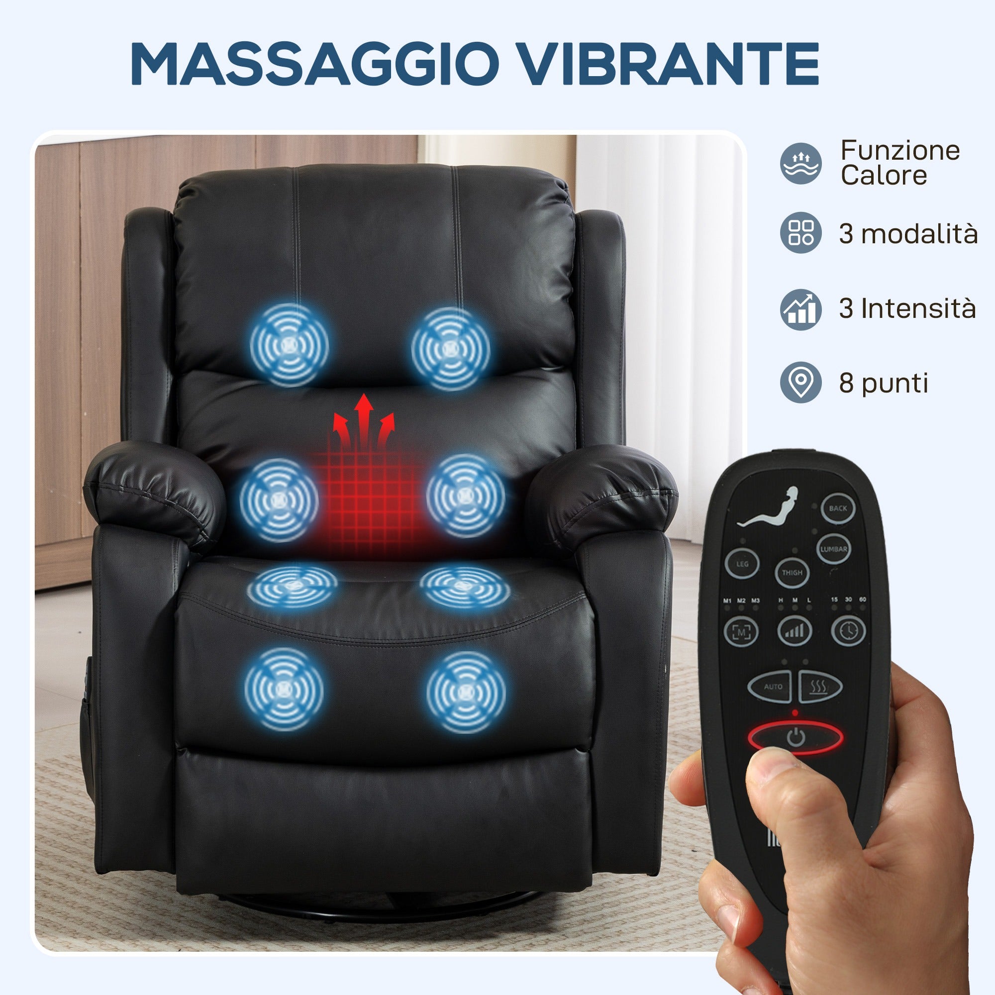 Reclining Relaxing Chair with 8 Massage Points, Heating and Footrest, 87x97x100 cm, Black
