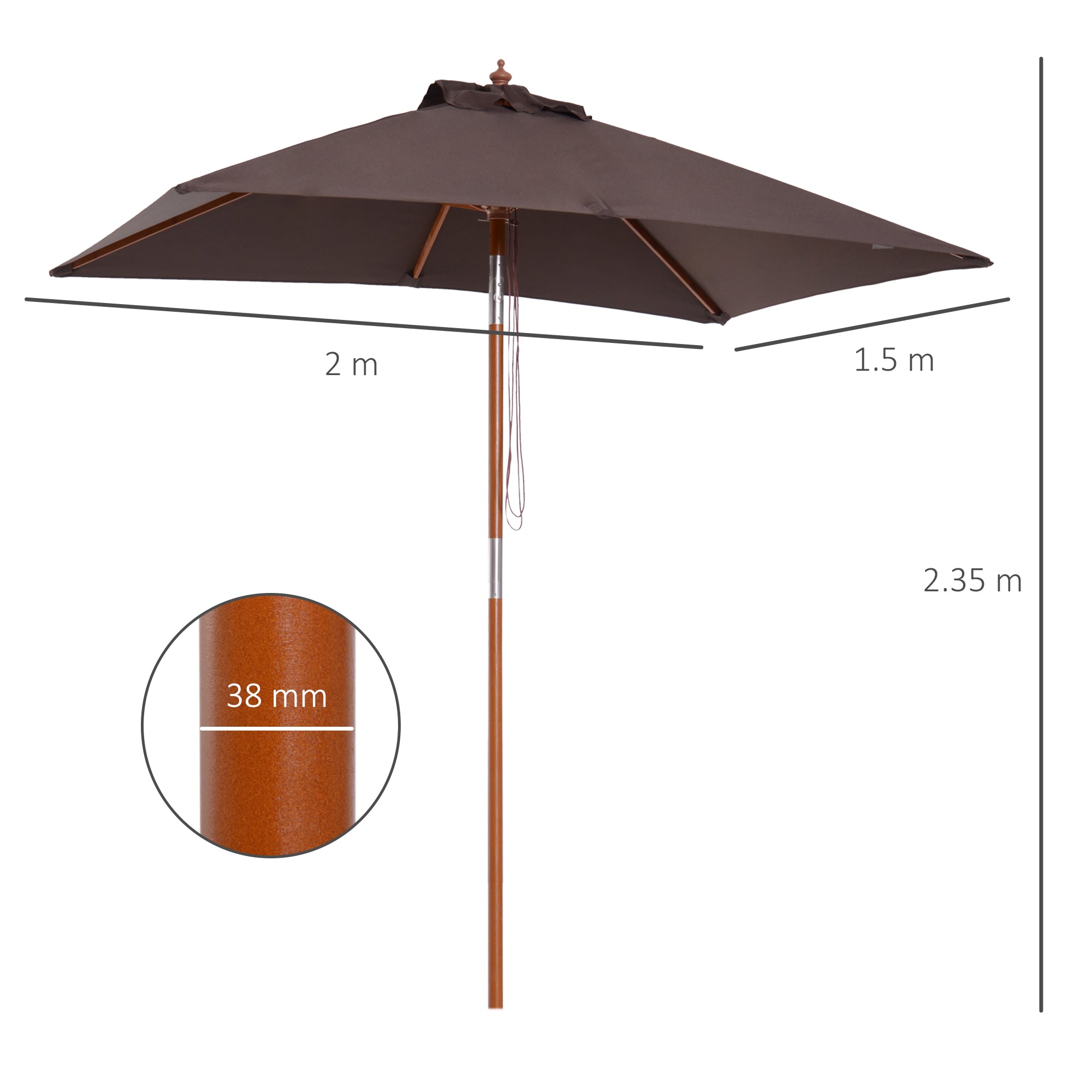 Tilting Rectangular Umbrella 2x1.5 m with 6 Ribs and Rope Opening, in Bamboo and Coffee Polyester