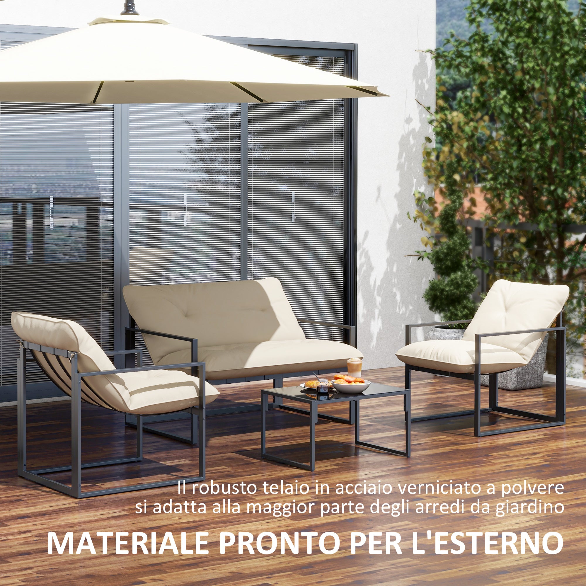 4-Piece Garden Set with Sofa, 2 Armchairs and Coffee Table, in Steel, Polyester and PP Cotton, Beige and Grey