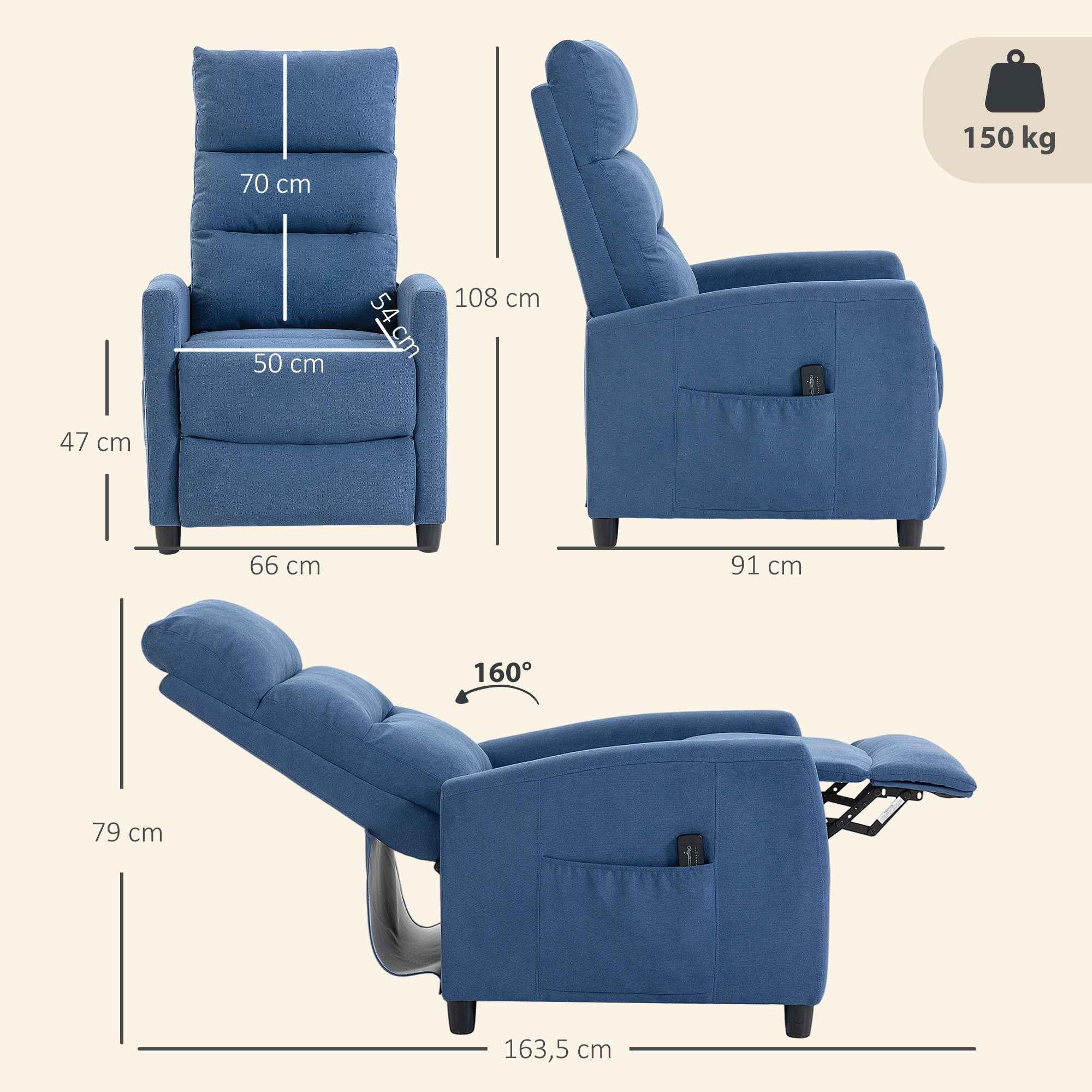 HOMCOM 160° Reclining Massage Chair with Footrest and Remote Control, 66x91x108 cm, Dark Blue Chenille