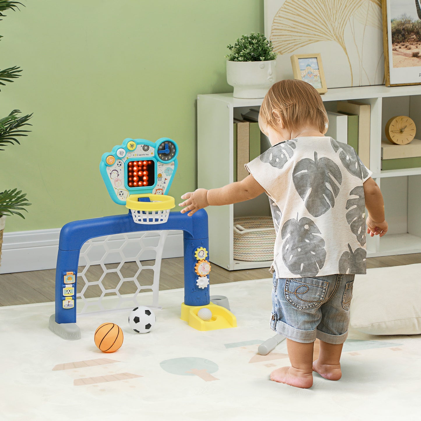 Kids Game with Soccer Net, Adjustable Basketball Hoop and Golf Hole, 54x38.8x60.4-68 cm