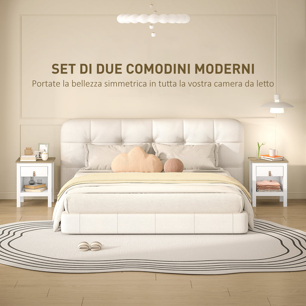 Set of 2 Wooden Bedside Tables with Drawer and Open Shelf, 45x40x55 cm, White and Oak