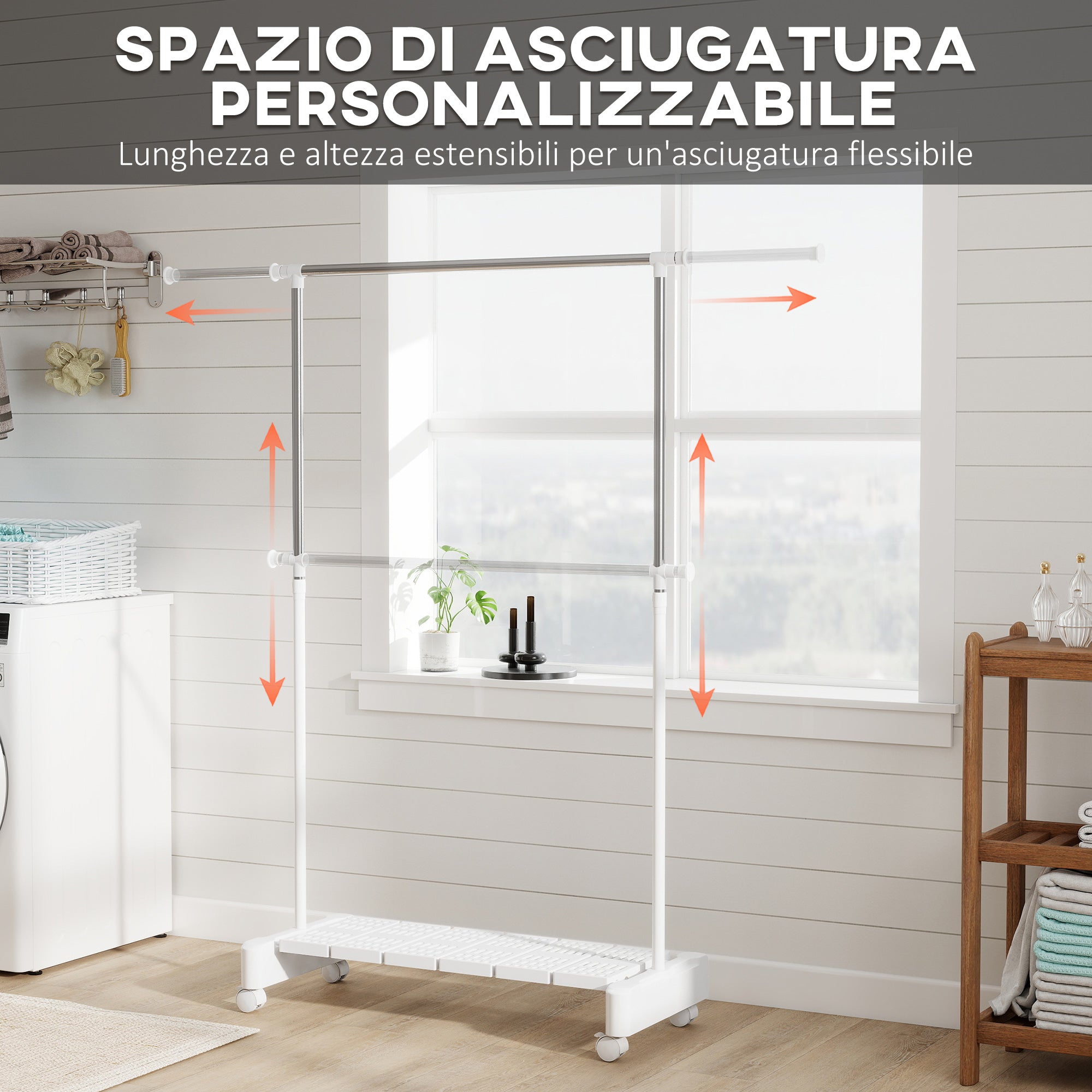 Extendable Clothes Airer with Wheels and Brake, Shoe Rack and Stainless Steel Frame, White