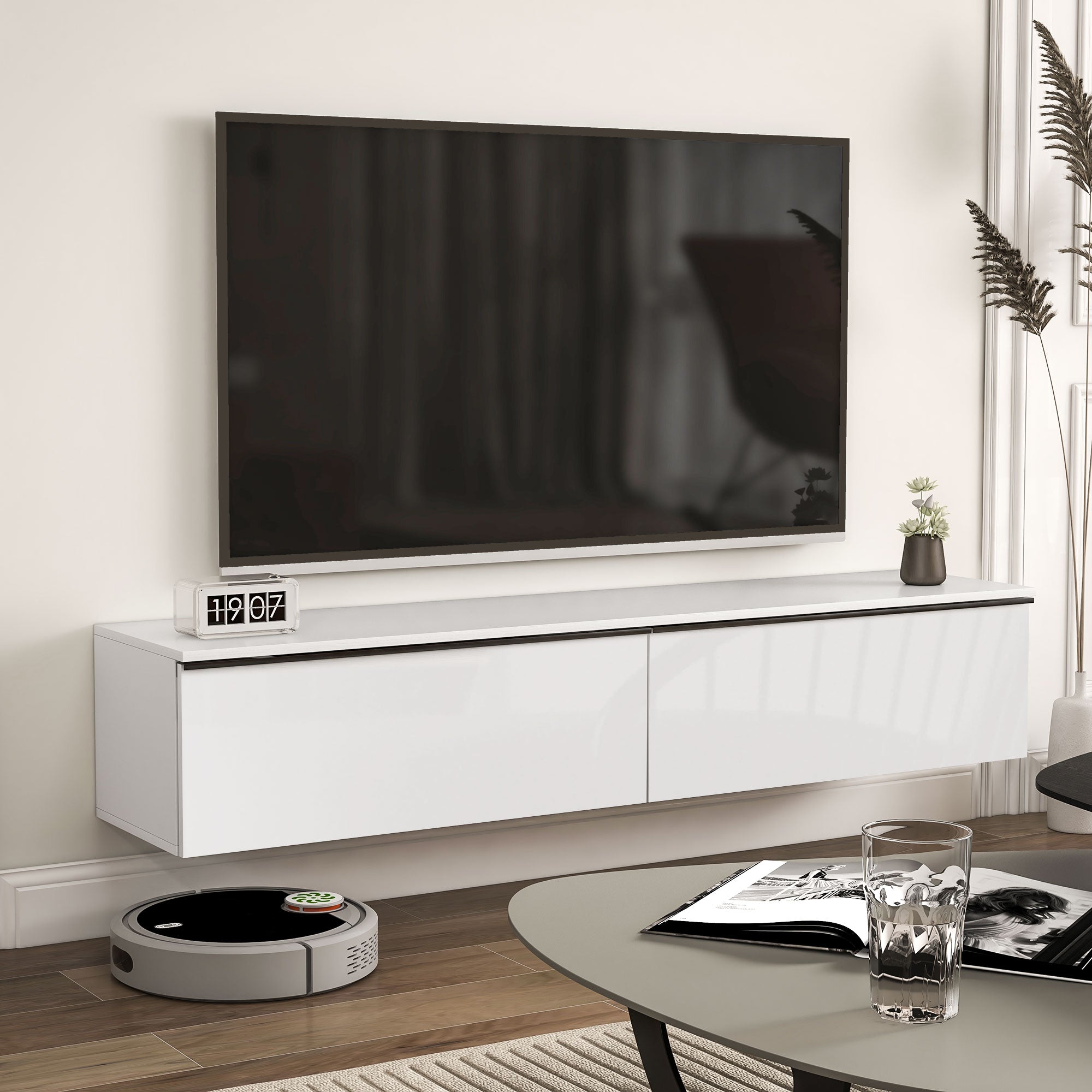 Wall-Mounted TV Cabinet with Wooden Drop-Door Cabinets, 160x35x30 cm, Gloss White