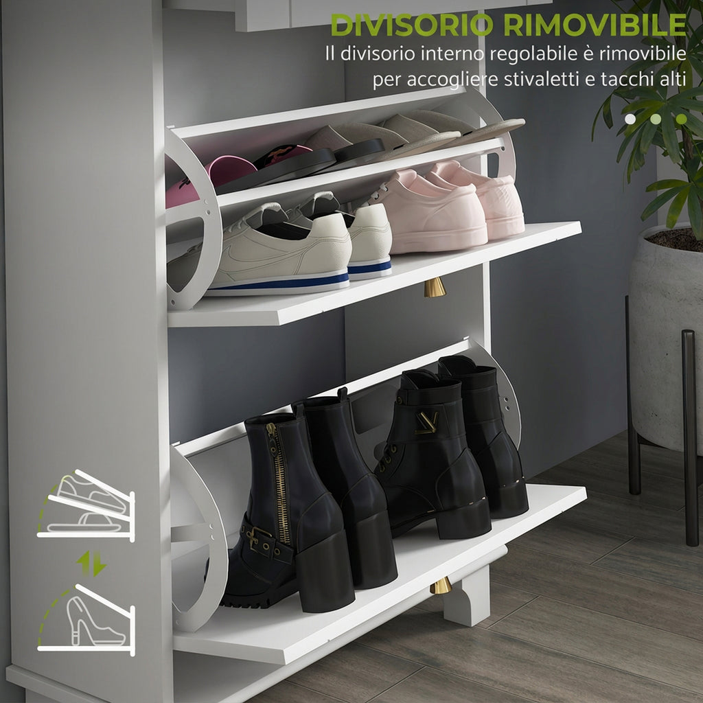 HOMCOM Space-Saving Slim Shoe Rack with 2 Flap Doors, Entrance Shoe Cabinet with Adjustable Shelves, Drawer, Raised Base, White