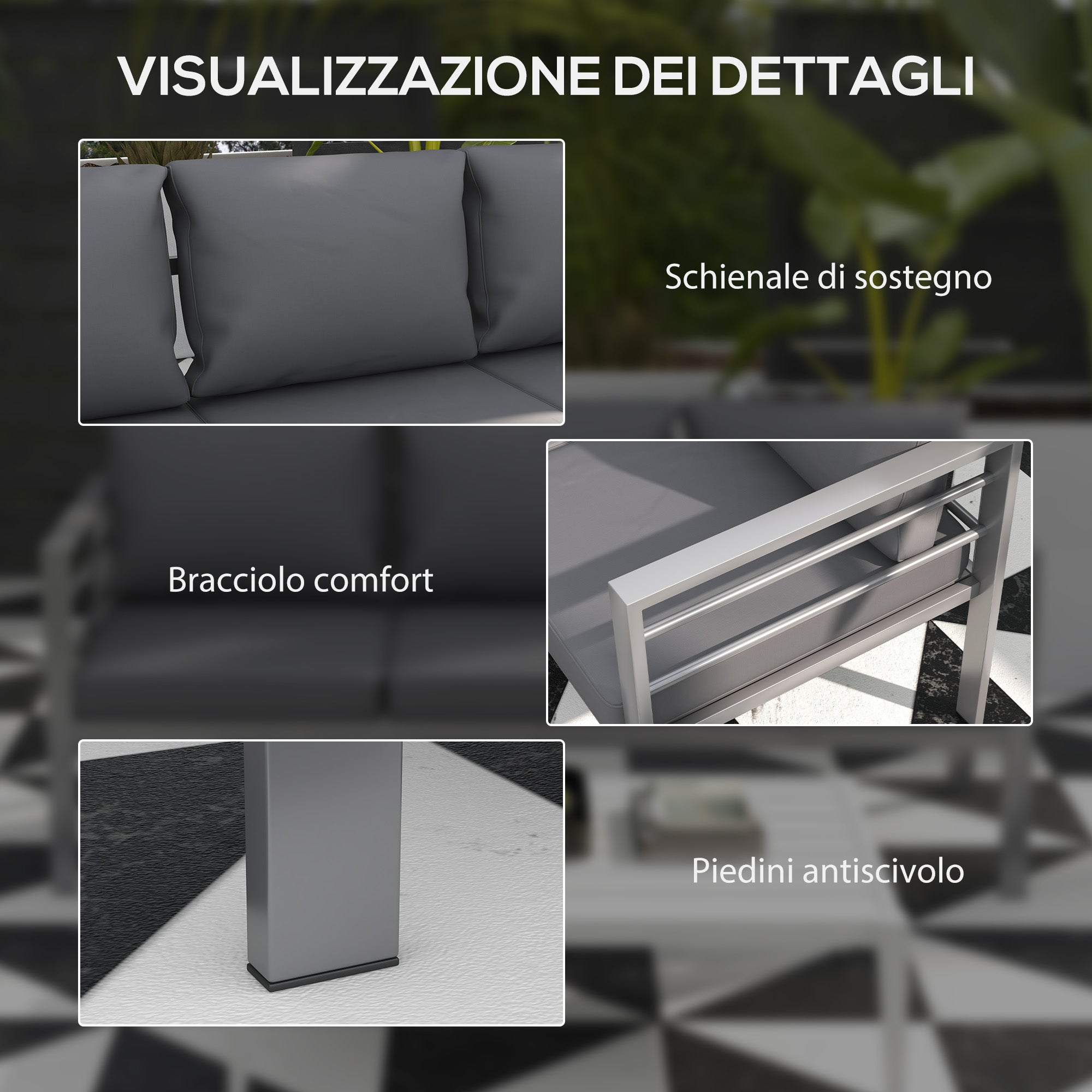 Mystery | 3-seater garden sofa with seat and back cushions, in aluminium, 185x66x64 cm, gray - Borgè
