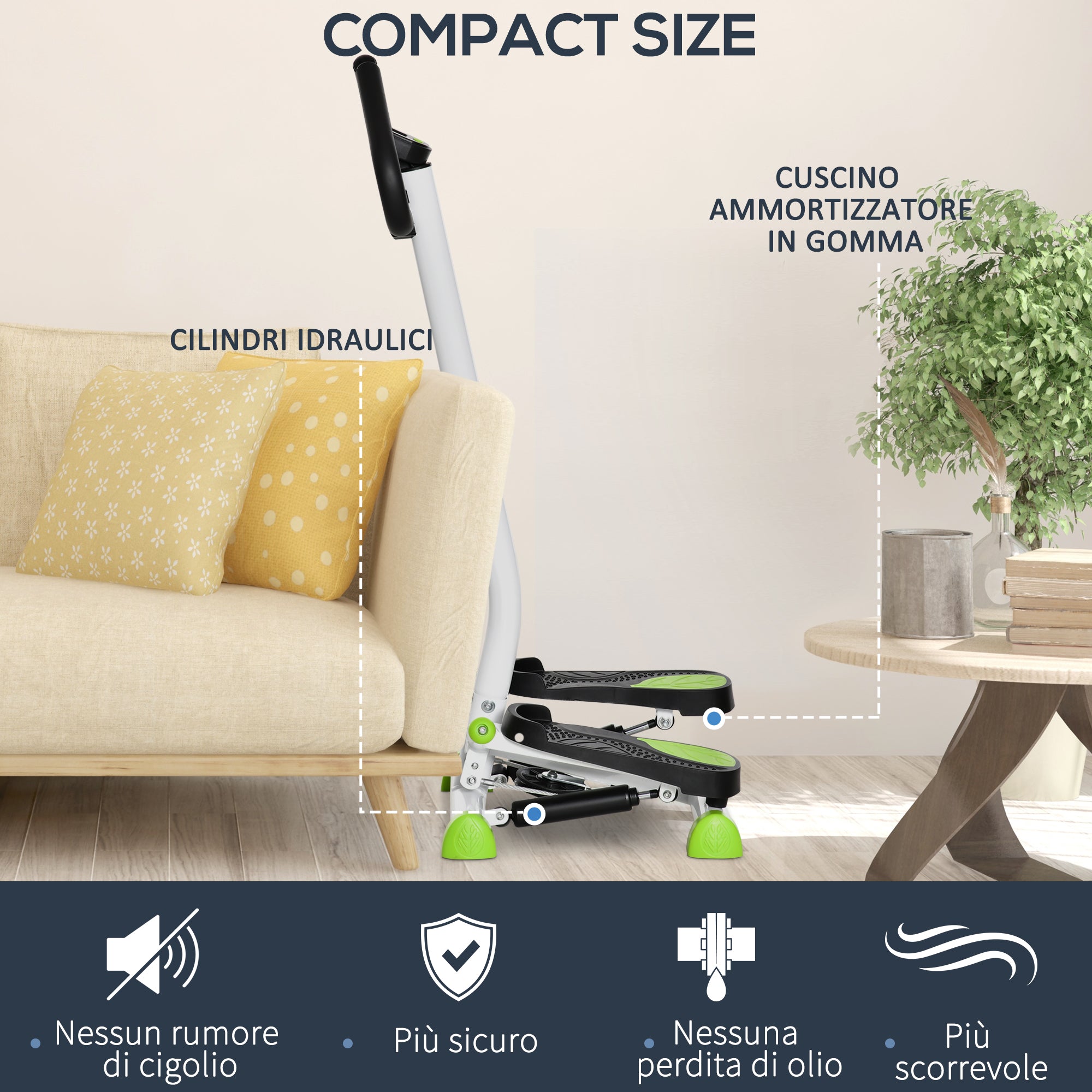 Stepper with Handlebar, Non-Slip Pedals and LCD Monitor, in Steel and ABS, 55x44x108 cm, White Black and Green